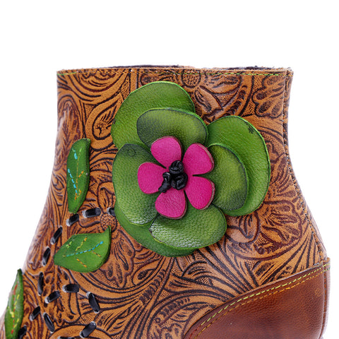 2026 Leather Hand-polished Printing Three-dimensional Flower Thick Heel Side Zipper Women's Boots