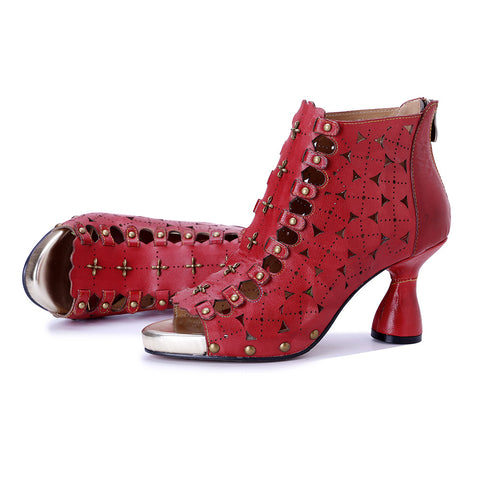 2026 New Women's Handmade Leather Polish color Hollow Splicing Rivet High Heel Sandals