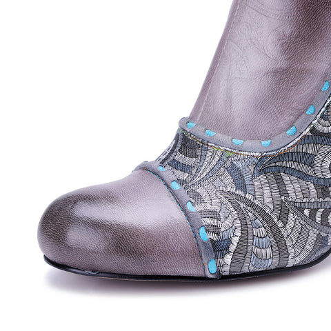 2026 New Handmade Leather Polishing Splicing Printing Process Heel Zipper Thick Heel Short Boots