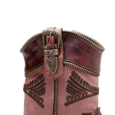 Handmade Genuine Leather Color Rubbed Electric Embroidered Zipper Edge Women's Short Boots