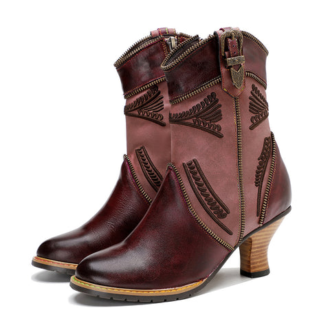 Handmade Genuine Leather Color Rubbed Electric Embroidered Zipper Edge Women's Short Boots