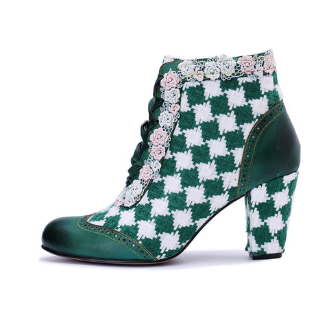 2025 Winter New Women's Leather Hand-polished Retro Splicing Woven Plaid Side Zipper Short Boots