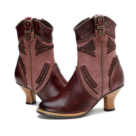 Handmade Genuine Leather Color Rubbed Electric Embroidered Zipper Edge Women's Short Boots