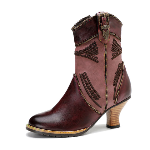 Handmade Genuine Leather Color Rubbed Electric Embroidered Zipper Edge Women's Short Boots