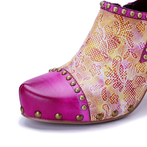 2026 New Women's Leather Hand-polished Printing Retro Three-dimensional Flowers Rivet High Heels
