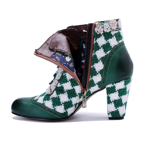 2025 Winter New Women's Leather Hand-polished Retro Splicing Woven Plaid Side Zipper Short Boots