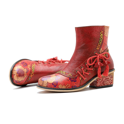 Hand-rubbed leather stitching printed strappy women's short boots