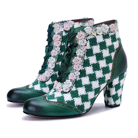 2025 Winter New Women's Leather Hand-polished Retro Splicing Woven Plaid Side Zipper Short Boots