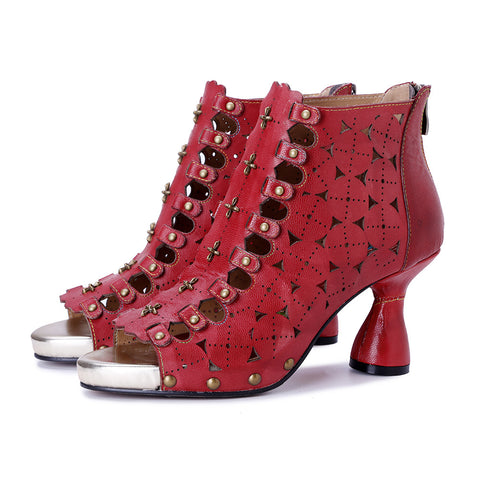 2026 New Women's Handmade Leather Polish color Hollow Splicing Rivet High Heel Sandals