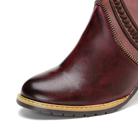 Handmade Genuine Leather Color Rubbed Electric Embroidered Zipper Edge Women's Short Boots