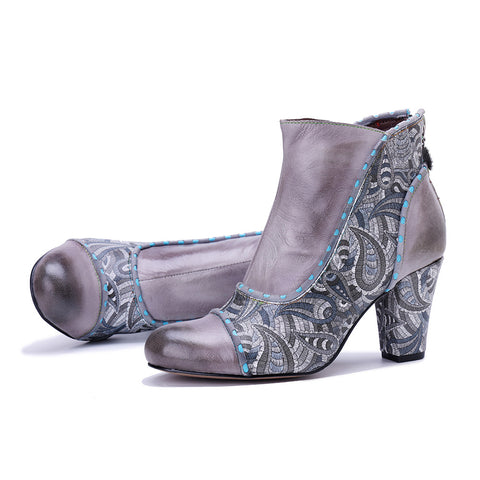 2026 New Handmade Leather Polishing Splicing Printing Process Heel Zipper Thick Heel Short Boots