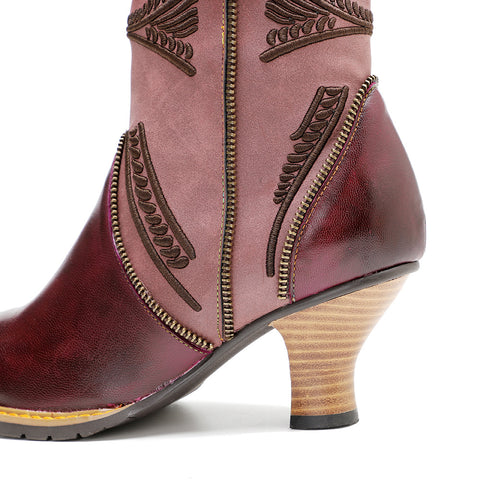Handmade Genuine Leather Color Rubbed Electric Embroidered Zipper Edge Women's Short Boots