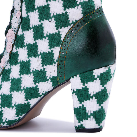 2025 Winter New Women's Leather Hand-polished Retro Splicing Woven Plaid Side Zipper Short Boots