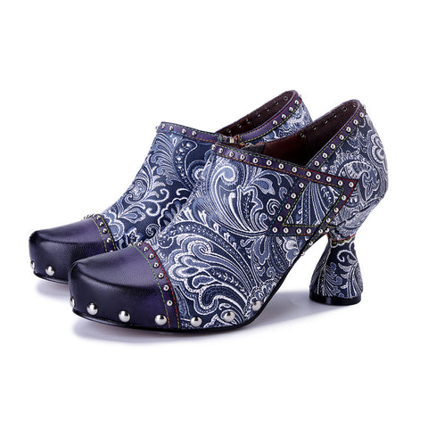 2025 Winter New Leather Hand-polished Printed Rivets  Women's High Heels