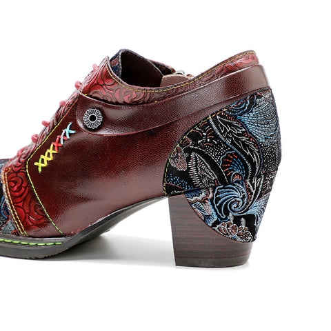 Leather Hand-rubbed Retro Print Stitching Chunky Heel Strappy High Heels