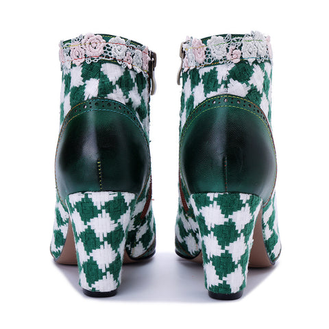 2025 Winter New Women's Leather Hand-polished Retro Splicing Woven Plaid Side Zipper Short Boots