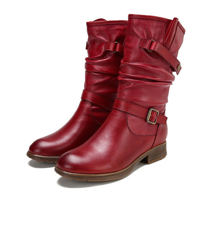 Vintage Leather Tab Buckle Women's Boots Cowhide Ethnic Women's Sleeve Boots