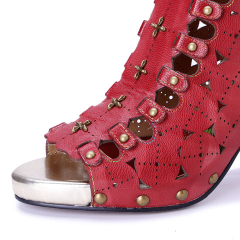 2026 New Women's Handmade Leather Polish color Hollow Splicing Rivet High Heel Sandals