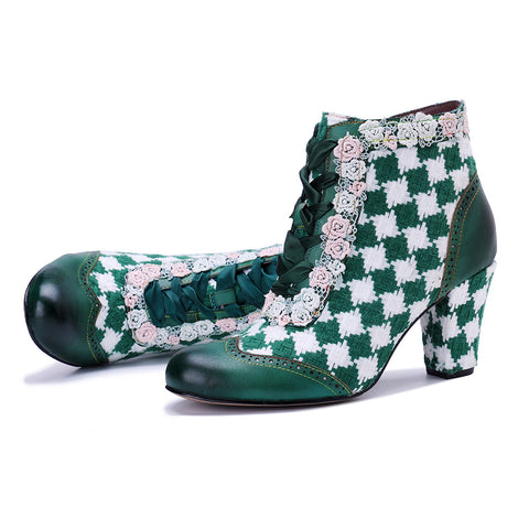 2025 Winter New Women's Leather Hand-polished Retro Splicing Woven Plaid Side Zipper Short Boots