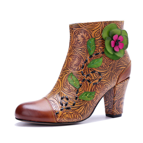 2026 Leather Hand-polished Printing Three-dimensional Flower Thick Heel Side Zipper Women's Boots