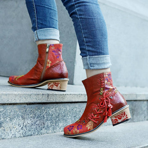 Retro Leather Patchwork Casual Comfort Booties