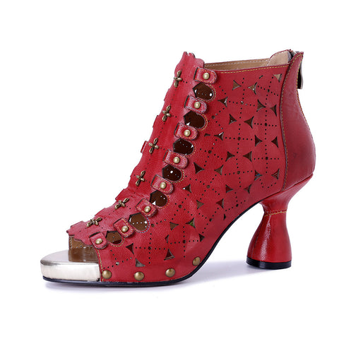 2026 New Women's Handmade Leather Polish color Hollow Splicing Rivet High Heel Sandals
