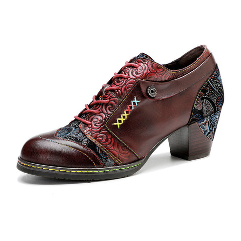 Leather Hand-rubbed Retro Print Stitching Chunky Heel Strappy High Heels