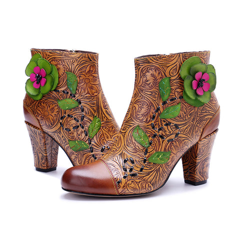 2026 Leather Hand-polished Printing Three-dimensional Flower Thick Heel Side Zipper Women's Boots
