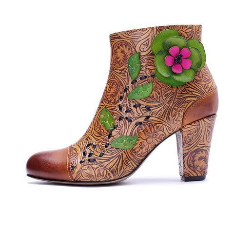 2026 Leather Hand-polished Printing Three-dimensional Flower Thick Heel Side Zipper Women's Boots