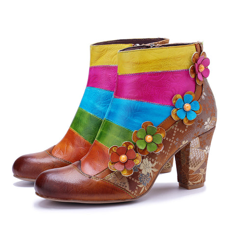 2025 New Women's Leather Hand-polished Splicing Contrasting Color Three-dimensional Flower Side Zipper Short Boots