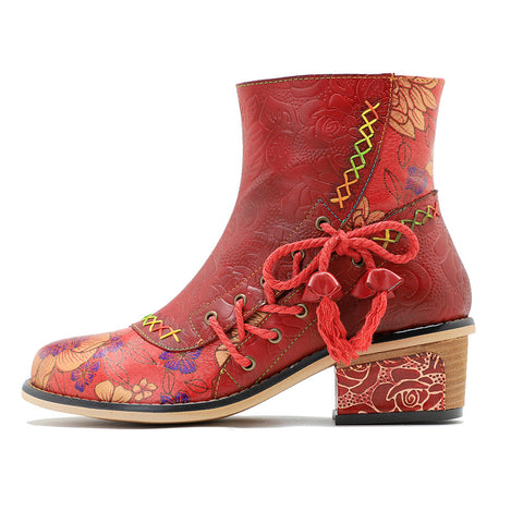 Hand-rubbed leather stitching printed strappy women's short boots
