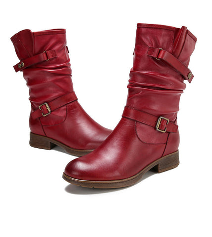 Vintage Leather Tab Buckle Women's Boots Cowhide Ethnic Women's Sleeve Boots