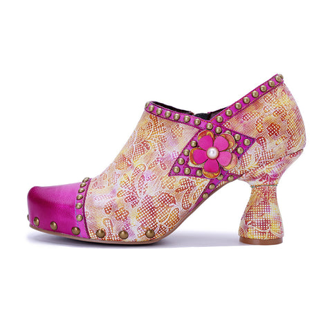2026 New Women's Leather Hand-polished Printing Retro Three-dimensional Flowers Rivet High Heels
