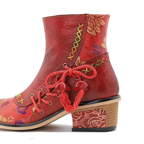Hand-rubbed leather stitching printed strappy women's short boots
