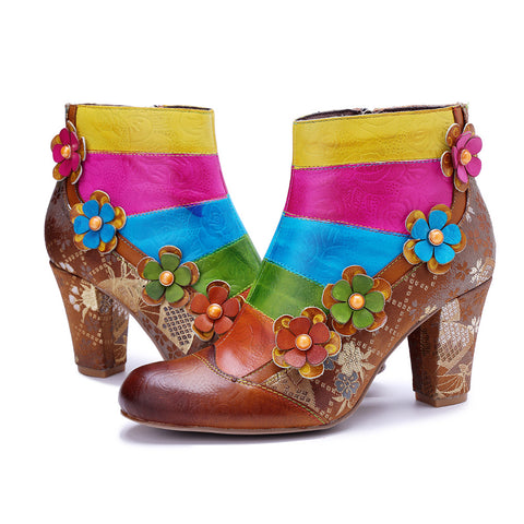 2025 New Women's Leather Hand-polished Splicing Contrasting Color Three-dimensional Flower Side Zipper Short Boots