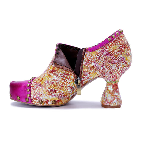 2026 New Women's Leather Hand-polished Printing Retro Three-dimensional Flowers Rivet High Heels