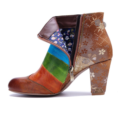 2025 New Women's Leather Hand-polished Splicing Contrasting Color Three-dimensional Flower Side Zipper Short Boots