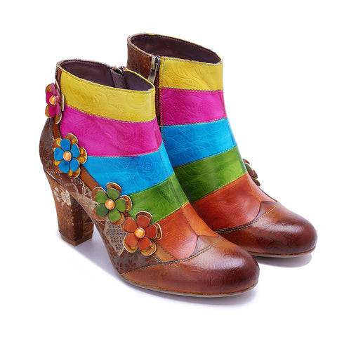 2025 New Women's Leather Hand-polished Splicing Contrasting Color Three-dimensional Flower Side Zipper Short Boots