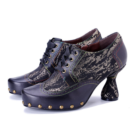 2025 Leather Hand-polished Splicing Printing Rivets  Women's High Heels