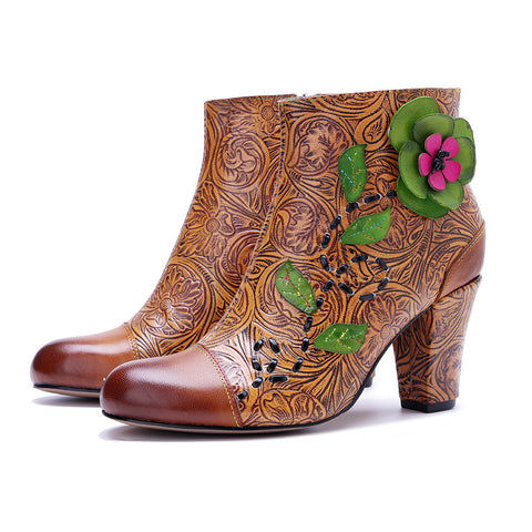 2026 Leather Hand-polished Printing Three-dimensional Flower Thick Heel Side Zipper Women's Boots