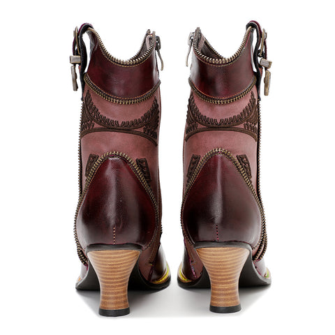 Handmade Genuine Leather Color Rubbed Electric Embroidered Zipper Edge Women's Short Boots