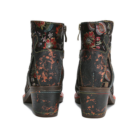 Ethnic floral women's round toe cowhide women's leather boots