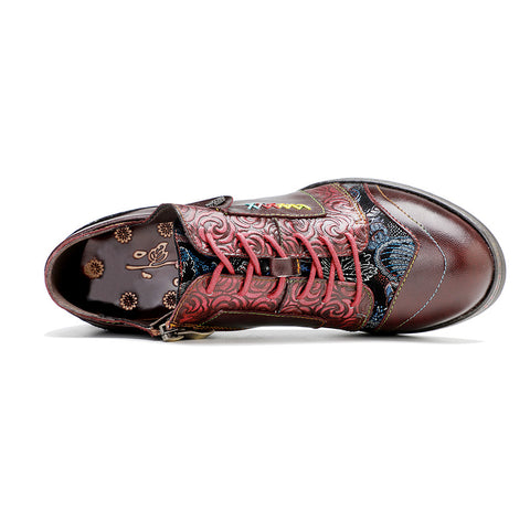 Leather Hand-rubbed Retro Print Stitching Chunky Heel Strappy High Heels