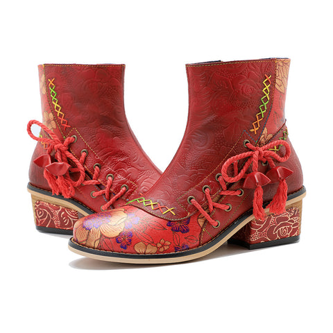 Hand-rubbed leather stitching printed strappy women's short boots