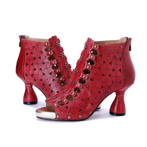 2026 New Women's Handmade Leather Polish color Hollow Splicing Rivet High Heel Sandals
