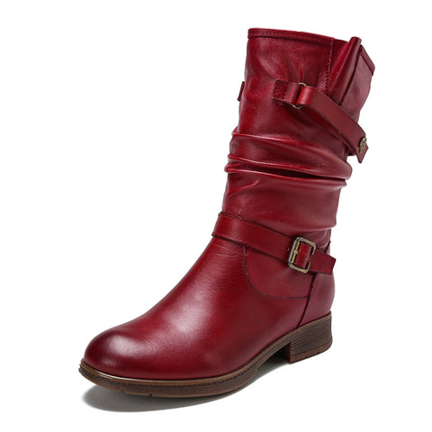 Vintage Leather Tab Buckle Women's Boots Cowhide Ethnic Women's Sleeve Boots