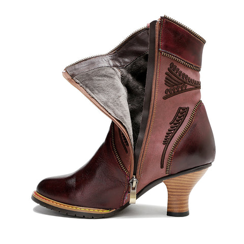 Handmade Genuine Leather Color Rubbed Electric Embroidered Zipper Edge Women's Short Boots