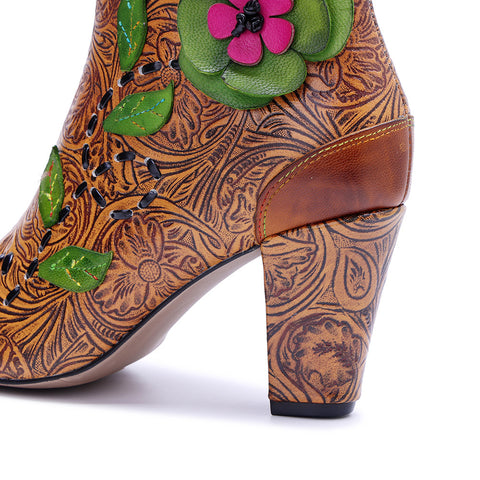 2026 Leather Hand-polished Printing Three-dimensional Flower Thick Heel Side Zipper Women's Boots