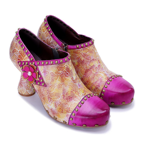 2026 New Women's Leather Hand-polished Printing Retro Three-dimensional Flowers Rivet High Heels