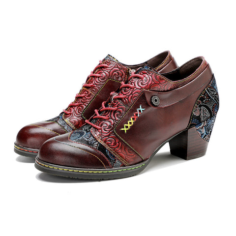 Leather Hand-rubbed Retro Print Stitching Chunky Heel Strappy High Heels